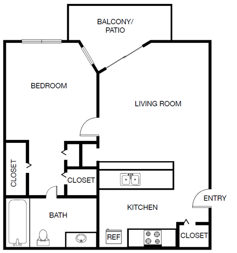 Floor plan for 1 bed, 1 bath, 477 sqft